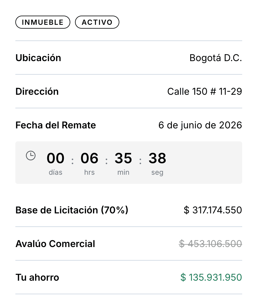 Ficha de remate con datos de avalúo, precio y documentos