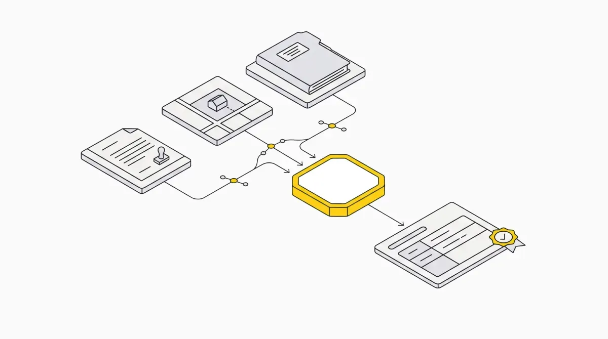 Ilustración isométrica: edictos, registros de catastro y expedientes se cruzan y fusionan en un nodo central que produce una única ficha de remate con sello de verificación.